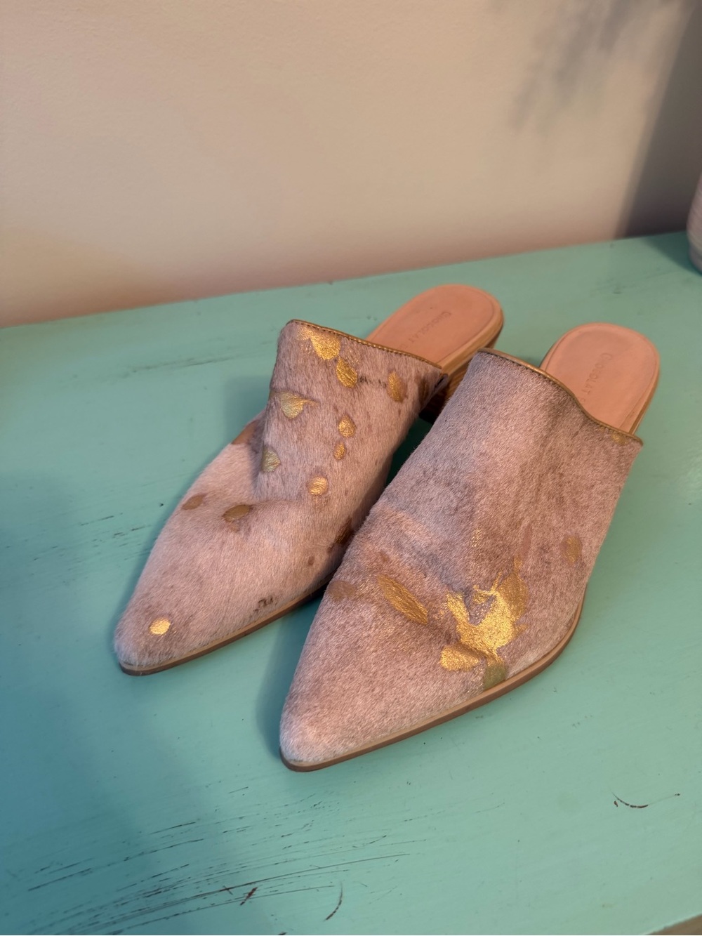 Chocolat Blu Taupe Haircalf Mules with Gold Accents